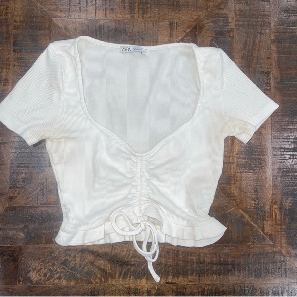 Zara White Ribbed Ruched Front Sweetheart Peplum Crop Top Women's Small S - Picture 1 of 6